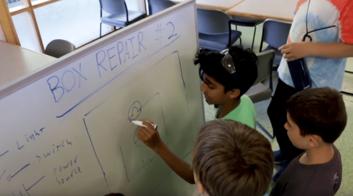 Kids working on STEM problem on white board